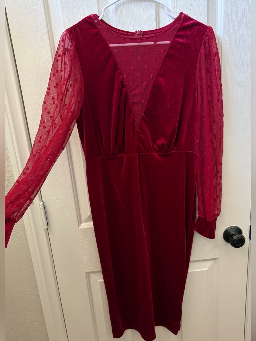 SHEIN Burgundy Velvet Midi Dress with Sheer Polka Dot Sleeves